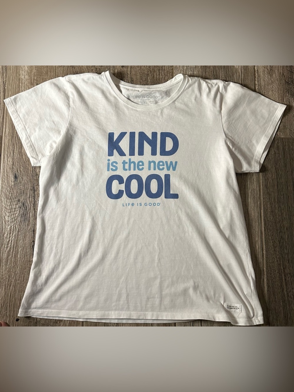 Life Is Good White Tee with Blue 'Kind is the New Cool' Print